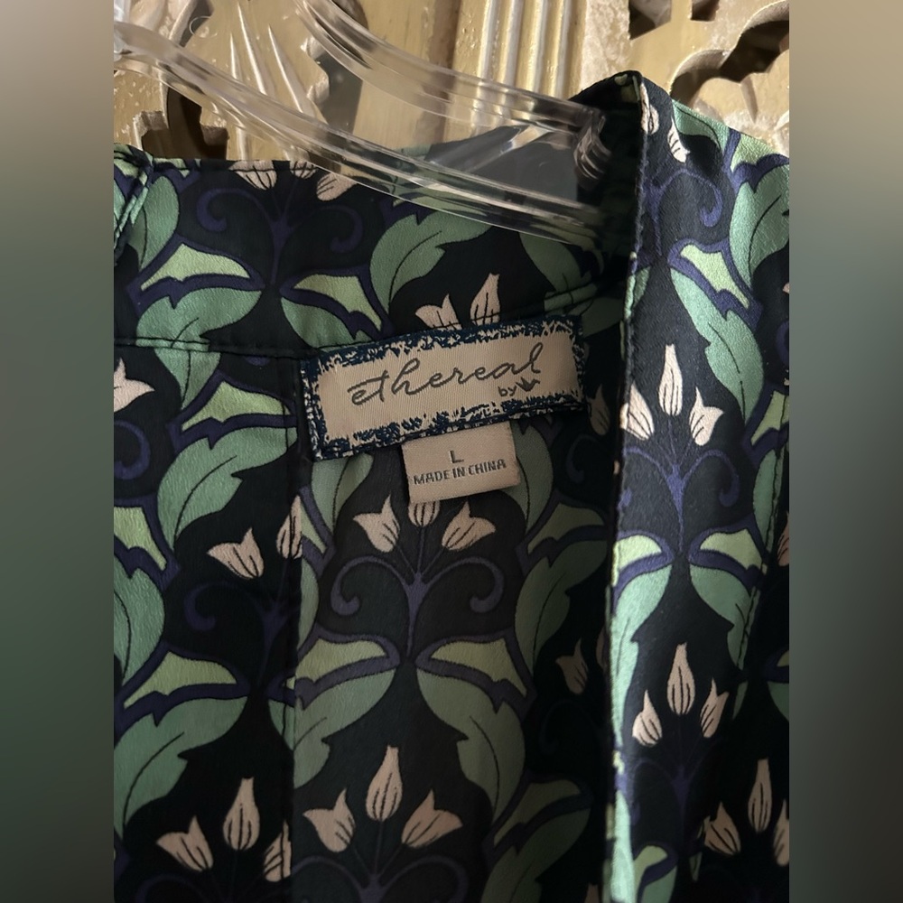 Ethereal Paper Crane Backless Dress Three Quarter Sleeves Blue Green Floral Sz L - Picture 5 of 11